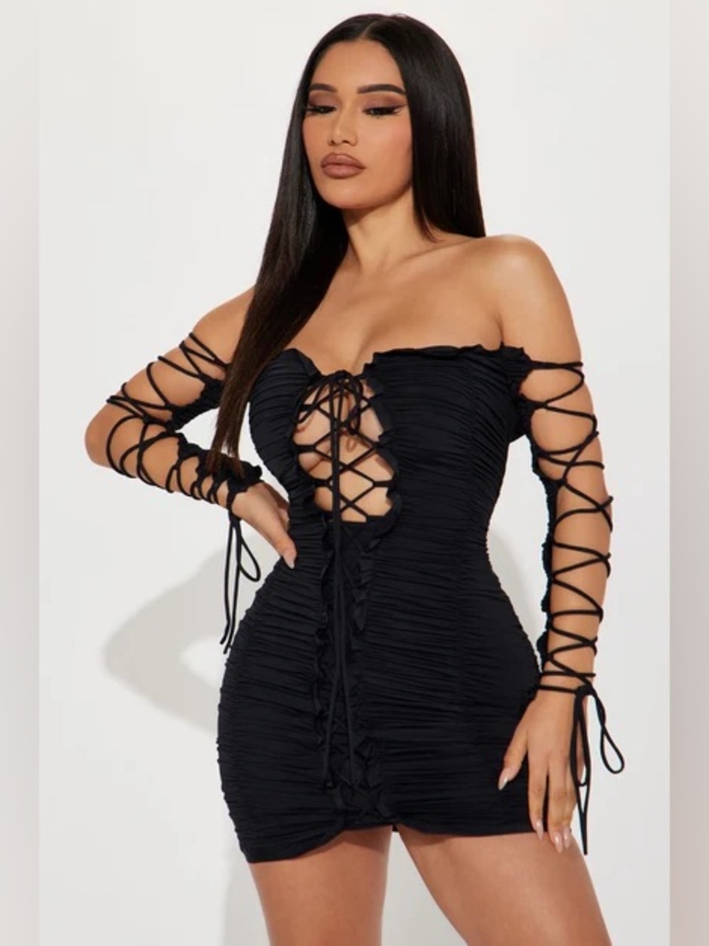 Fashion Nova Off-Shoulder Black Lace-Up Ruched Mini Dress - L